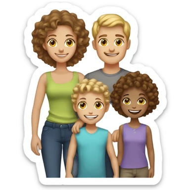 Family of 5. All light skinned. Dad has brown hair. Mom has brown curly hair. Oldest boy with blonde curl hair. oldest girl with light brown hair. toddler boy, with brown hair. sticker
