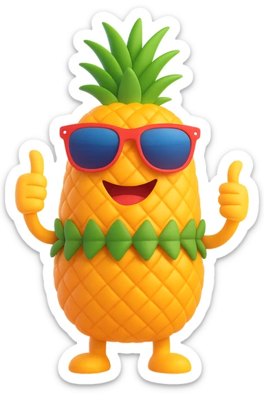 Edit the pineapple emoji in 3D emoji style to have aviator style sunglasses, keep it smiling and giving a thumbs up, no background. sticker