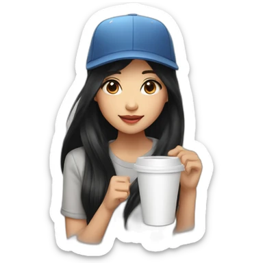 A long black hair cool Asian girl wear a baseball cap and have a cup of coffee sticker