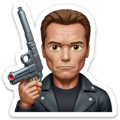 Arnold Schwarzenegger as the Terminator, holding a raised gun, realistic emoji style sticker