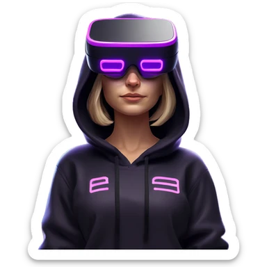 Russian girl wearing black hoody with violet letters "OMG", in vr headset oculus quest2. Standing like jedi. Cyberpunk style. Violet neon. sticker