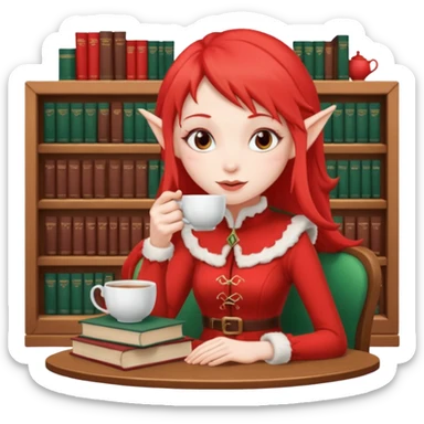 Red elf-like girl sipping tea with a stack of books beside her  sticker