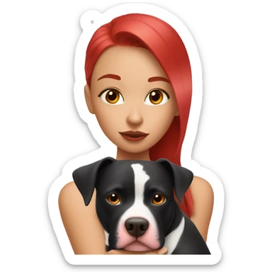 Girl with red hair kissing big black pitbull dog, pink hearts sticker