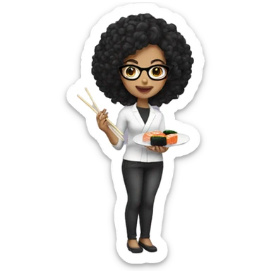 lightskin girl with curly black hair and glasses eating sushi  sticker