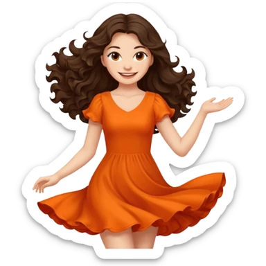 Long dark wavy hair women in orange standing twirling around sticker