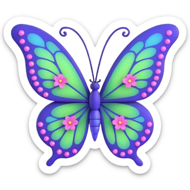 whimsical magical butterfly with vibrant #c0ff53 green wings with purple edges, glowing softly, fine vein patterns, sparkling dust and magical particles, sleek deep blue body, pink flowers on wings, 3D cartoon, elegant, fantastical sticker