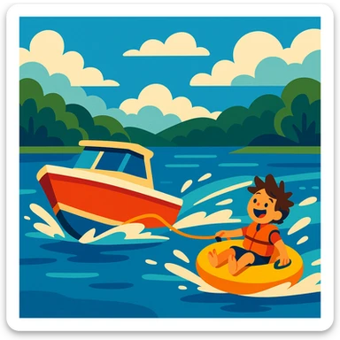 a boat with a rope attached to an inner tube, both moving fast on a lake, playful mood sticker