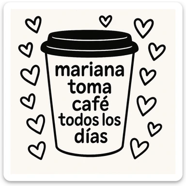 Add hearts around the large coffee cup, keep the phrase 'mariana toma café todos los días'. The original style is doodle style with background. sticker