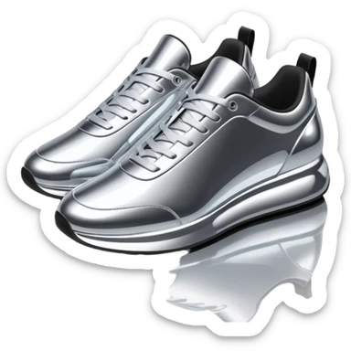 A pair of futuristic sneakers emoji made of silver chrome, sleek streetwear design, smooth metallic panels, subtle reflections, luxury swag aesthetic, iOS emoji style, centered, clean white background sticker