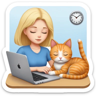 A girl works on a laptop with a cat sleeping next to it sticker