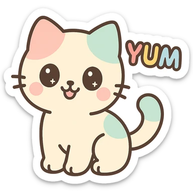 cute Chinese-style kitten, playful and charming, with the word 'yum' in vibrant colors, suitable for an emoji or sticker sticker