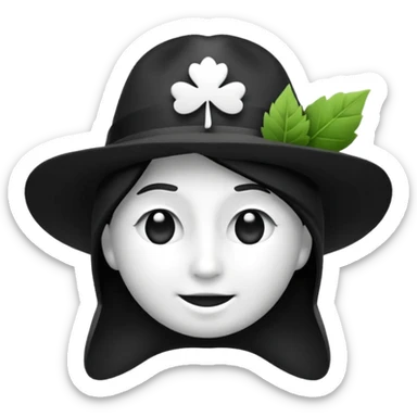 créer un emoji farfadet en noir et blanc, en traçant que les contours, sans pot de pièces dans la main et avec un trèfle à 4 feuilles sur le chapeau sticker