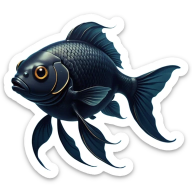 Cinematic Noble Black Goldfish Portrait Emoji, Poised and regal, with a sleek, streamlined build and a lustrous, deep black body, deep-set soulful golden eyes, Simplified yet sharp and sophisticated features, highly detailed, glowing with a soft, dignified glow, high shine, intelligent and graceful, stylized with an air of aquatic elegance, focused and attentive, soft glowing outline, capturing the essence of a watchful and confident aquatic companion, so majestic it feels as though it could glide out of the screen with effortless authority! sticker