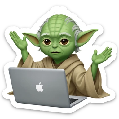 Yoda behind a laptop with his arm in the air. sticker
