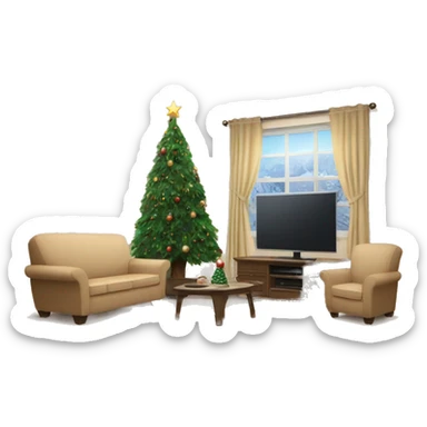 living room with christmas tree and a beige sofa and a tv sticker