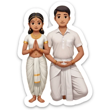 31 years young and small Brahmin boy with traditional formal cotton shirt and cotton lungi is pleasent peaceful thankful to 18 years young and fat and tall Brahmin girl with the complete decoration of bharatanatyam as godess lakshmi devi. sticker