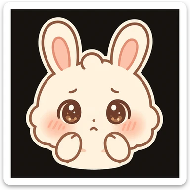 kawaii chibi-style bunny emoji with a round fluffy face, sparkly eyes, blushing cheeks, pastel color palette, shy mood, soft rounded design, anime-style, black background, vector art sticker