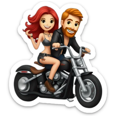 Guy with tattoos and long dark hair riding a Harley chopper motorcycle with a pretty red haired girlfriend on the back  sticker