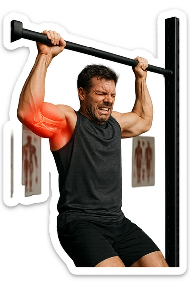 a man in gym attire is performing a pull-up on a bar when his face suddenly contorts in pain. His elbow is highlighted with a bright red glow, and a semi-transparent overlay reveals a visible tear or injury in the joint structures (such as ligaments or tendons). The background is a modern gym, with anatomical posters and equipment. sticker