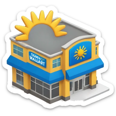 “Walmart store with a simple, recognizable design, featuring the iconic sunburst logo, blue and yellow color scheme, and storefront details that convey a large retail environment.” sticker