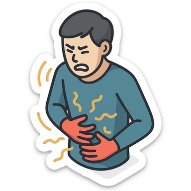 A half-body figure holding their stomach, writhing in pain with waves of pain around them, in 2d-isometric style with shadows and highlights. Focus on torso, stomach, arms, and expression of pain. Variant similar to the second in the previous series but with different arm positions and varying intensity of pain waves. Transparent background. sticker