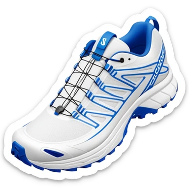 Minimalist white Salomon XT-6 shoes with only a blue colored line running through the middle, one shoe positioned behind the other, pure white everywhere else, iOS emoji style sticker