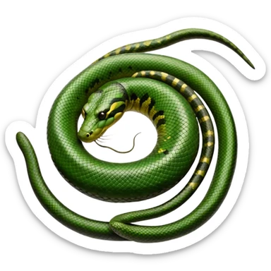 A photo-realistic top-down view of a Green Anaconda tightly coiled in a spiral, with its broad, flat head resting at the center. Its thick, muscular body is olive-green and covered in symmetrical, bold black oval spots that stand out against its smooth scales, creating striking natural camouflage. sticker
