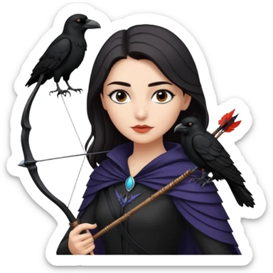 Alysanne Blackwood from Game of Thrones. She is known as black aly and is the Wife of Cregan Stark. I have her looking like Hande Erçel. Show her with a raven and a bow and arrow sticker