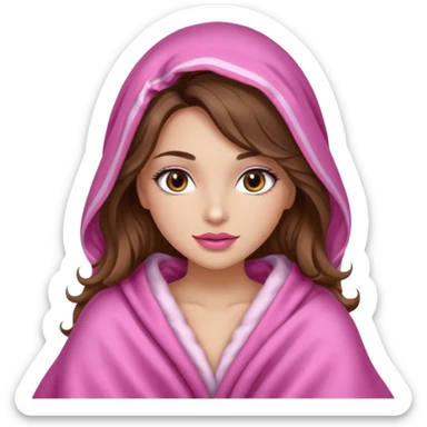 girl with long wavy brown hair, brown eyes, long lashes makeup, sexy pink lips, light to medium complexion, wearing a pink sexy silk top, big blanket over the head cozy holding a cat, remove the cat ears on the hood sticker