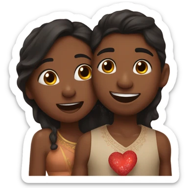 brown skin black girl kissing indian boy on the cheek with hearts around them sticker