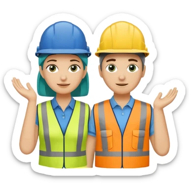 Um homem e uma mulher amarelos com capacete de obras ambos azul escuro e camisa social cinza com faixas refletivas verdes nos braços, Um deles deve estar segurando um megafone de avisos sticker