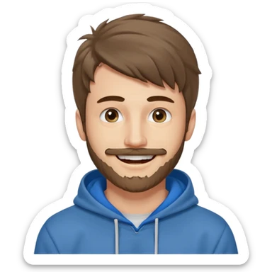 25 year old man, short scruffy beard and thin moustache, brown puffy mullet, blue eyes, big smile, white teeth, big lips, pronounced jaw, hair longer in back, sticking up on top, thin face, grey hooded sweatshirt sticker