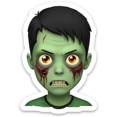 Zombie Emoji AppleIOS Style, lowfade Black Hair, and Black T-shirt, Green Skin, normal expression sticker