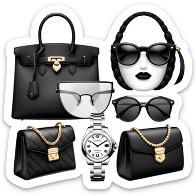bags and watches, and glasses, all black and white put together like a bundle with no face, all luxury items like lv, prada, and cartier, and rolex, but one of everything not two sticker