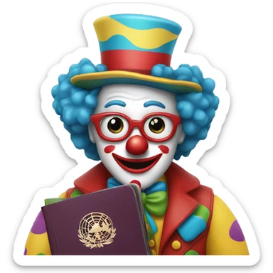 Clown holds a passport sticker