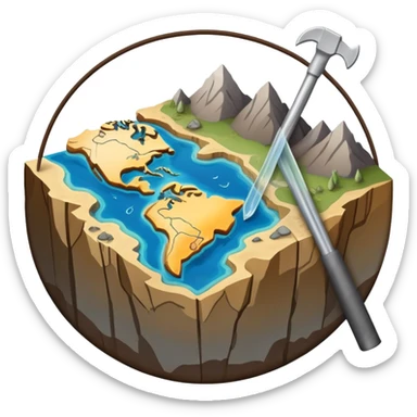 An icon featuring a crowbar and a geological map, and layers of Earth’s crust, symbolizing geology. The design includes mineral samples, fossils, and tectonic plates, representing the study of Earth’s structure and natural processes. Transparent background highlights geological exploration sticker
