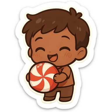 chibi style brown male holding a peppermint candy, cheerful expression, kawaii look sticker