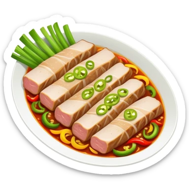 Twice Cooked Pork slices with leek and peppers, simplified emoji style with bold outlines and bright colors, cartoon style Hui Guo Rou Sichuan specialty sticker