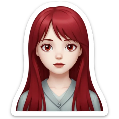 pale girl with deep red and long hair, having a long middle bang on her face, her eyes are greyish in colour sticker