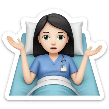 person lying in hospital bed with their eyes open holding up their left hand sticker