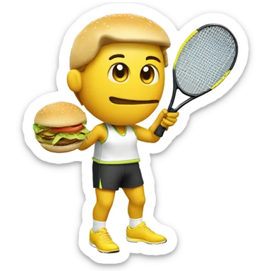"A tennis player is holding a racket and eating a burger." player skin yellow sticker
