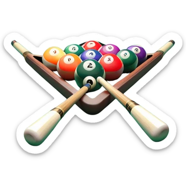 Two crossed pool cues resting on a billiard table, with colorful billiard balls scattered across the surface. The background features the felt of the table, creating an inviting atmosphere for a game of precision and strategy sticker