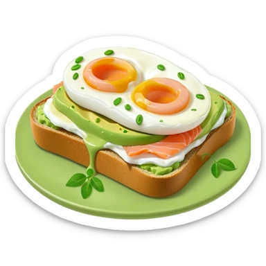 avocado toast with salmon and pachot eggs, green cream is covering everything sticker