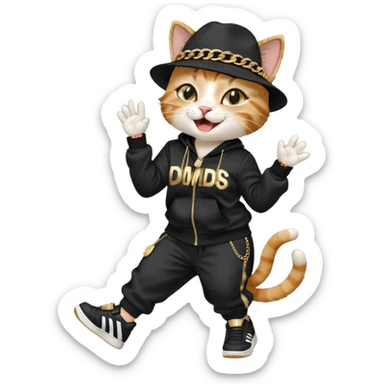 female cat dressed like Run DMC with tracksuit, fedora, Adidas shoes, lots of gold chains, rings, bracelets, earrings, laughing, looking up, no sunglasses sticker