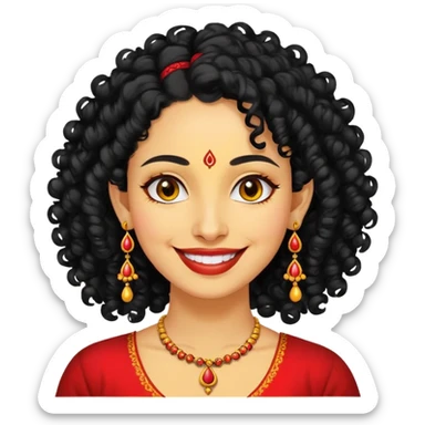 "- Phụ nữ
- 35 tuổi
- Da vàng
- Tóc đen xoăn nhẹ
- Có chấm đỏ Bindi, đeo khuyên tai
- Mặt cười
" sticker