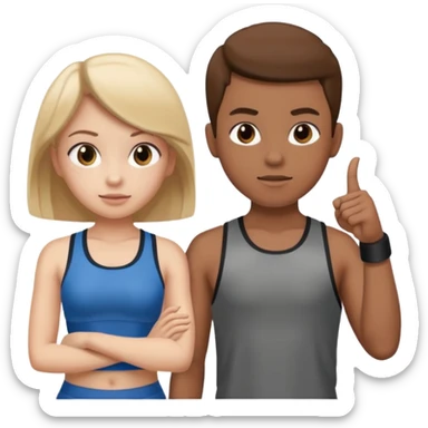 Girl and boy in gym clothes who points out sticker