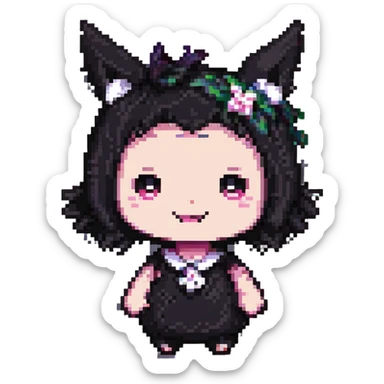Kuromi character, pixel art style, mischievous expression, simple background sticker
