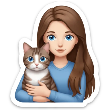 White girl with blue eyes and long brown hair, holding gray tabby cat sticker