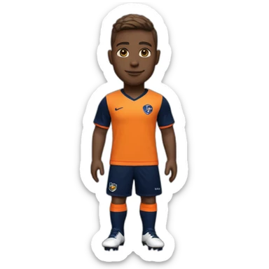 Soccer player in tangerine top with navy sleeves, navy shorts with tangerine flash, navy socks with tangerine flash  and orange kit sticker