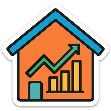 house with an upward trending graph, colorful outline icon style sticker